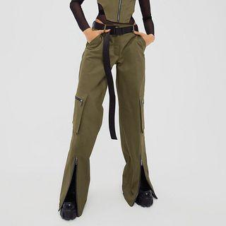 Low-rise Plain Front Slit Straight Leg Pants