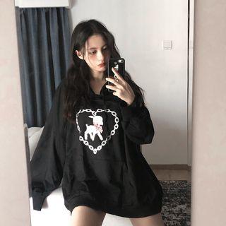 Long-sleeve Sheep Printed Hoodie Black - One Size
