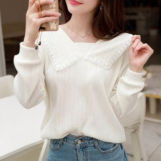 Sailor-collar Crochet-trim Ribbed Top