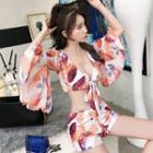 Set: Bell Sleeve V-neck Print Top + Swim Shorts + Bikini