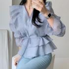 Long-sleeve V-neck Frill Trim Tie-waist Peplum Blouse