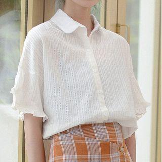 Short-sleeve Ruffled Plain Shirt White - One Size