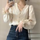 Lace Trim V-neck Long-sleeve Blouse Almond - One Size