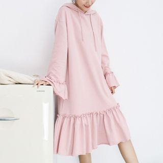 Bell-sleeve Ruffle Hoodie Dress Pink - One Size