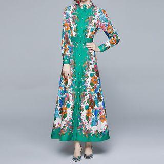 Long-sleeve Floral Belted Maxi A-line Dress