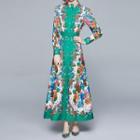 Long-sleeve Floral Belted Maxi A-line Dress