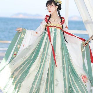 Hanfu Set Of 2 : Embroidered Long-sleeve Top + Print Chest-full Maxi Skirt