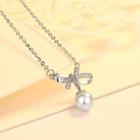 925 Sterling Silver Bow Faux Pearl Pendant Necklace Silver - One Size