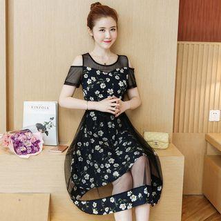 Mesh Panel Printed Cold Shoulder A-line Midi Dress