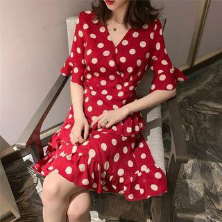 Frilled Trim V-neck Dot Print Mermaid Dress