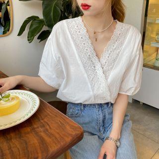 Lace-trim Wrapped V-neck Blouse White - One Size