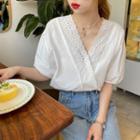 Lace-trim Wrapped V-neck Blouse White - One Size