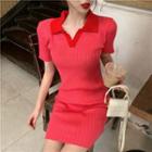 Ribbed Short-sleeve Polo Shirt Dress Red - One Size