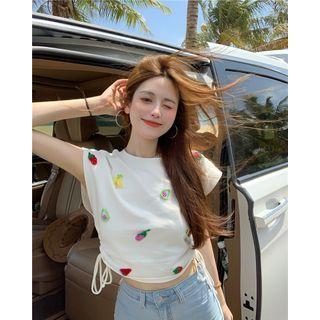 Cap-sleeve Fruit Embroidered Drawstring Cropped T-shirt T-shirt - White - One Size