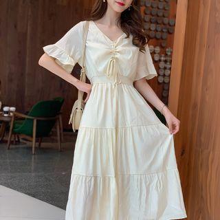Drawstring Ruffle-sleeve Midi A-line Dress