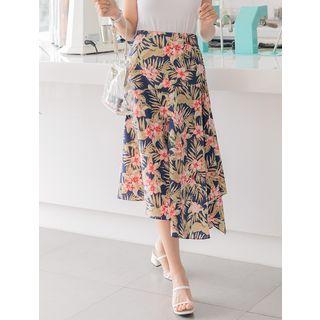 Plus Size Asymmetric-hem Printed A-line Midi Skirt