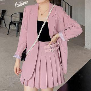 Set: Single-breasted Blazer + Buckled Pleated Mini A-line Skirt