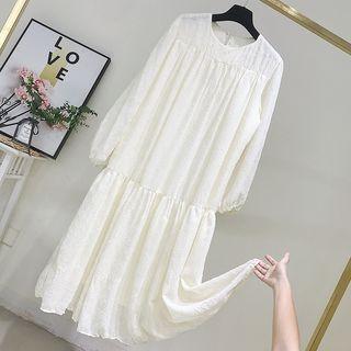 Plain Long-sleeve Midi Dress Almond - One Size
