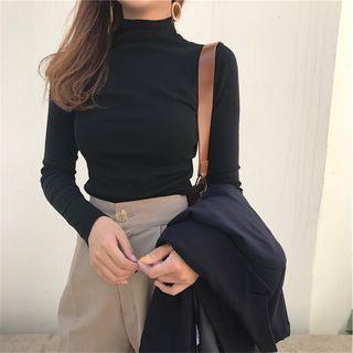 Turtle-neck Plain Long-sleeve Knitted Top