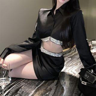 Contrast Trim Long-sleeve Cropped Shirt / High-waist A-line Mini Skirt