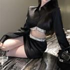 Contrast Trim Long-sleeve Cropped Shirt / High-waist A-line Mini Skirt