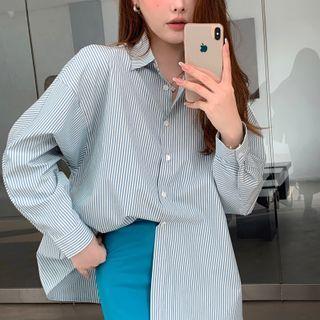 Long-sleeve Striped Shirt / Plain Slit Midi Pencil Skirt