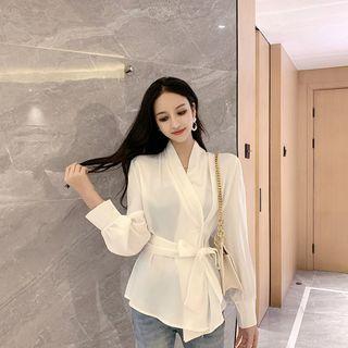 Collarless Tie-waist Blouse White - One Size