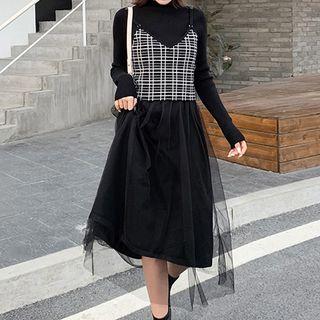 Set: Mesh Panel Long-sleeve Midi A-line Dress + Plaid Knit Camisole Top