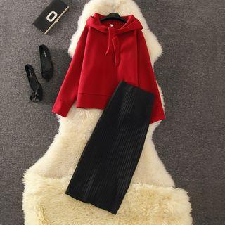 Tie-neck Hoodie / Split Hem Knit H-line Skirt / Set