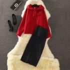 Tie-neck Hoodie / Split Hem Knit H-line Skirt / Set