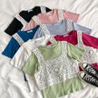 Set:eyelet-lace Tank Top + Plain Crewneck Short-sleeve T-shirt