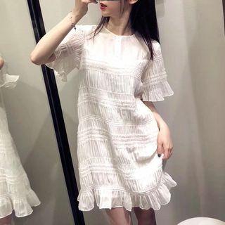 Elbow-sleeve Crinkled Frill Trim Mini Dress