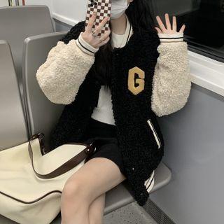 Lettering Fleece Baseball Jacket Almond Sleeve - Black - One Size