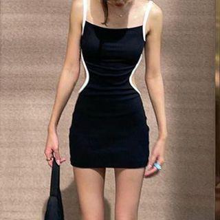 Spaghetti Strap Square-neck Contrast-trim Cut-out Mini Bodycon Dress