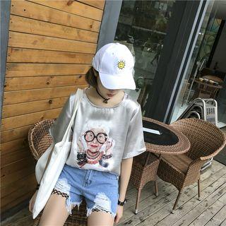 Applique Satin Elbow-sleeve T-shirt