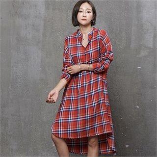 Open-placket Dip-back Plaid Shirtdress Red - One Size