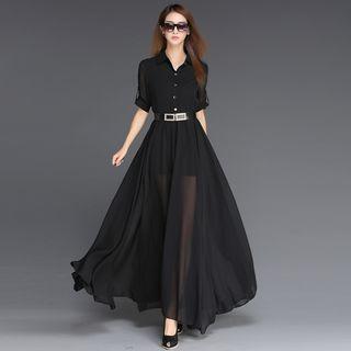 Elbow-sleeve Maxi A-line Chiffon Dress