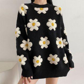 Floral Print Sweater White Floral Print - Black - One Size