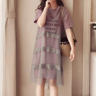 Striped Short-sleeve Mesh Overlay T-shirt Dress