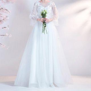3/4-sleeve Embroidered Mesh A-line Evening Gown
