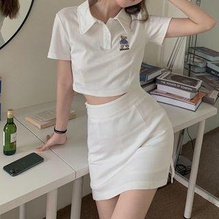 Short-sleeve Bear Embroidered Polo Shirt / A-line Skirt