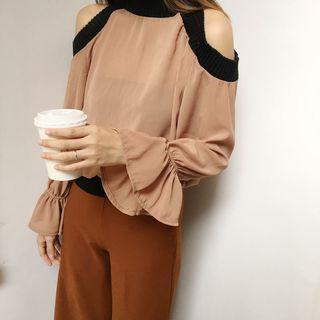 Contrast Trim Cold Shoulder Blouse