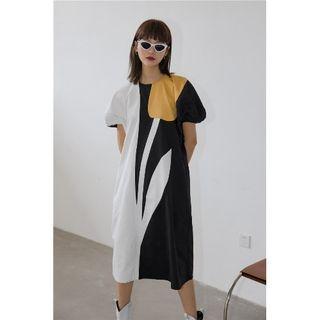 Short-sleeve Floral Print Midi Smock Dress Black & White - One Size