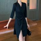 Elbow-sleeve Front-slit Sheath Dress