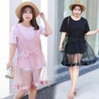 Set: Short-sleeve Long T-shirt + Spaghetti Strap Lace Panel Mesh Dress