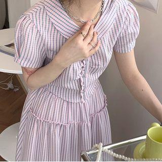 Set: Short-sleeve Check Blouse + Midi A-line Skirt