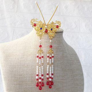 Butterfly Faux Pearl Alloy Fringed Hair Stick / Hair Clip