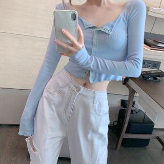 Snap-button Crop Knit Top Blue - One Size