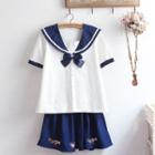 Set: Sailor Short-sleeve Shirt + A-line Skirt As Shown In Figure - One Size
