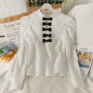 Ribbon-accent Stand-collar Slim Blouse